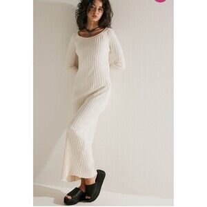 Free People Beach Walk About Maxi Dress Ribbed Knit Form Fitting Ivory SZ XS